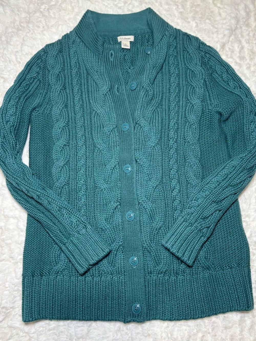 L.L. Bean Teal Cable-Knit Button Cardigan